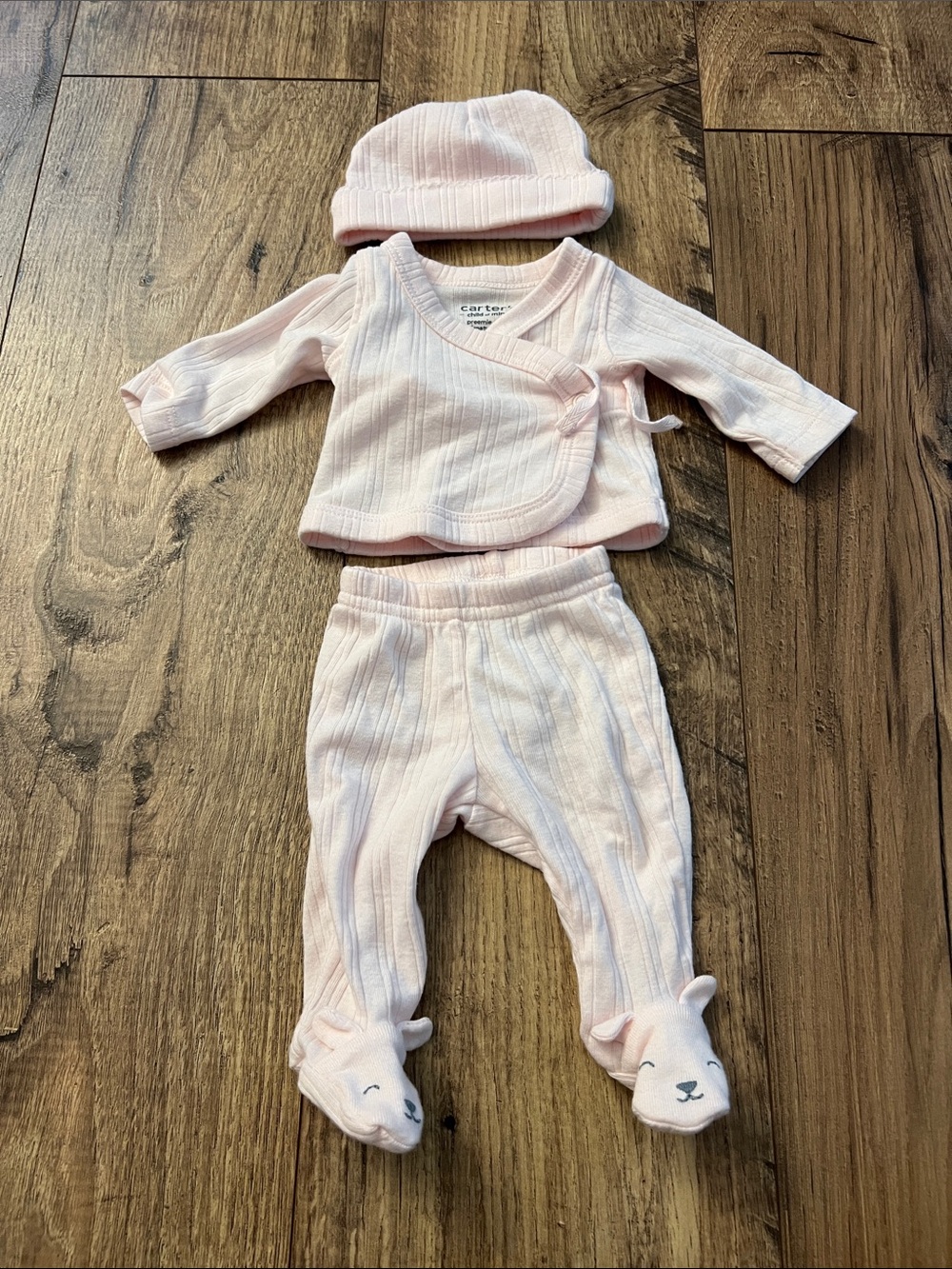 Carter's Pale Pink Ribbed 3-Piece Preemie Set with Hat